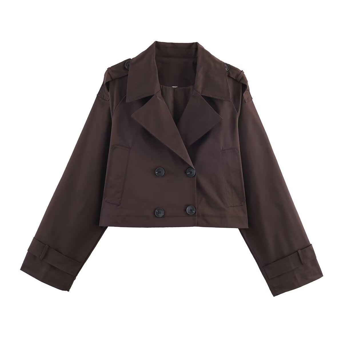 Women's Cropped Double-Breasted Trench Coat with Wide Lapels, Epaulettes and Boxy Cut Fashion Glam