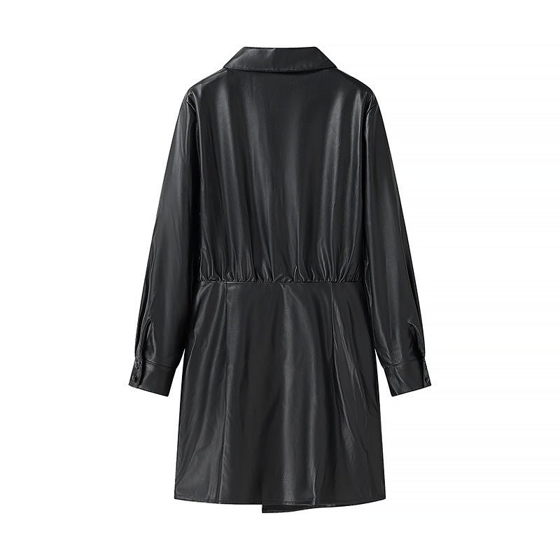 Ladies' wrap mid coat made of faux leather with knot detail and shirt collar Fashion Glam