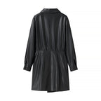 Ladies' wrap mid coat made of faux leather with knot detail and shirt collar Fashion Glam