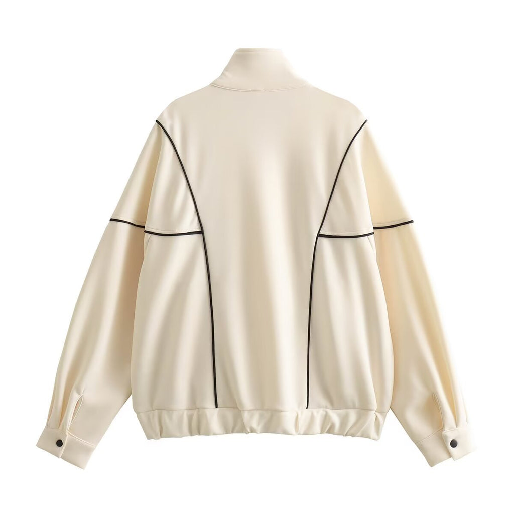 Women's Boxy Oversize Bomber Jacket with Contrast Piping and Stand-Up Collar Fashion Glam