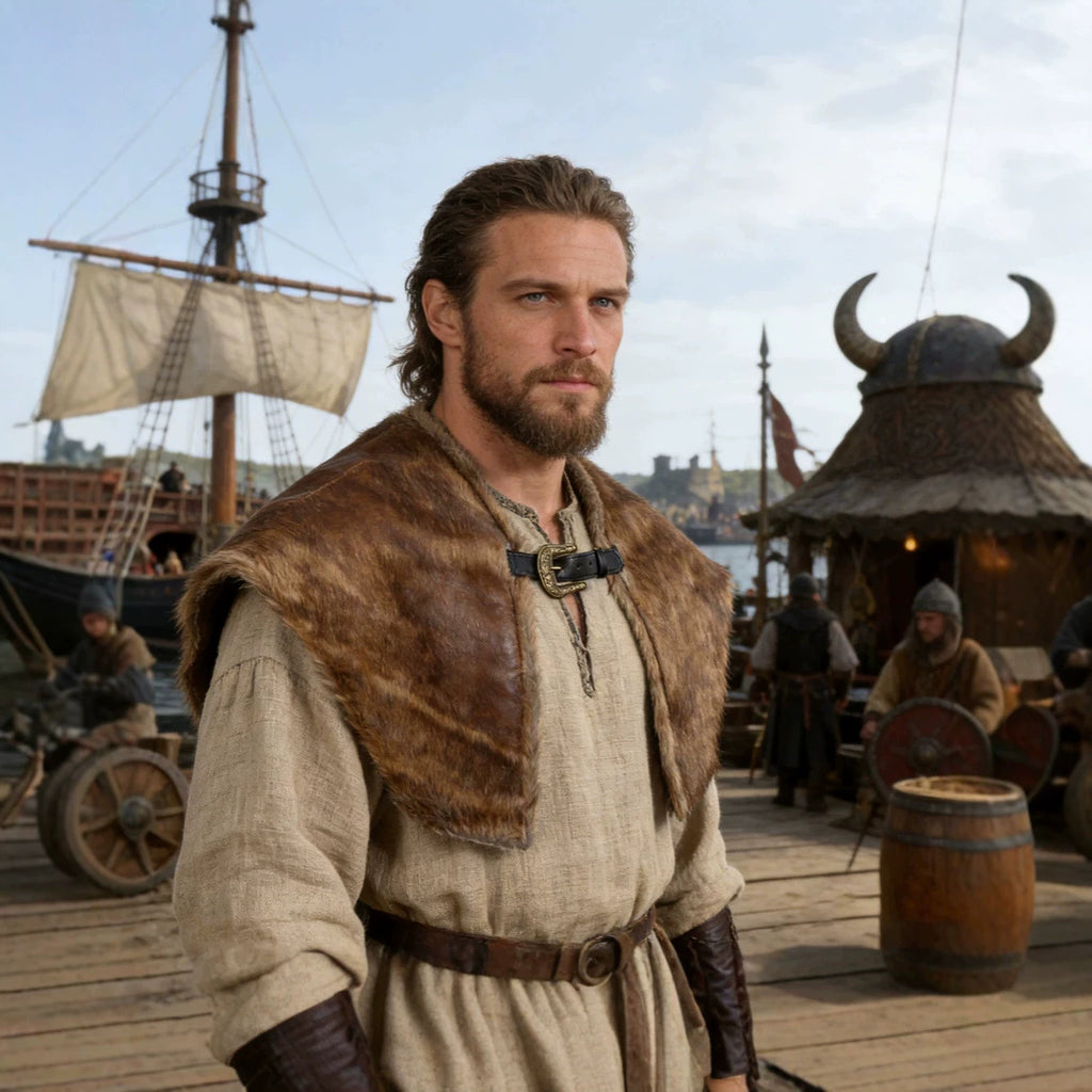 Men's shoulder cape made of faux fur with buckle closure and rustic Viking look Fashion Glam