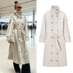 Women Longer double-breasted trench coat with high stand-up collar and waist belt Fashion Glam