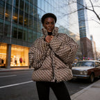 Women's Oversize Quilted Winter Jacket with High Stand-up Collar and Geometric All-over Pattern Fashion Glam