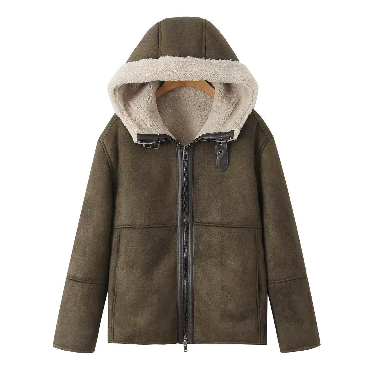 Women's Hooded Lambskin Imitation Bomber Jacket with Teddy Lining and Zip Fashion Glam
