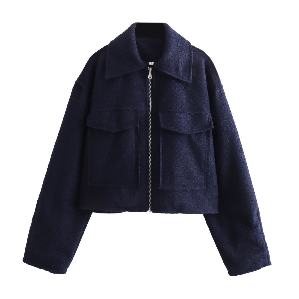 Women Short Boucle Jacket in Boxy Cut with Zip and Flap Pockets Fashion Glam