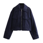 Women Short Boucle Jacket in Boxy Cut with Zip and Flap Pockets Fashion Glam