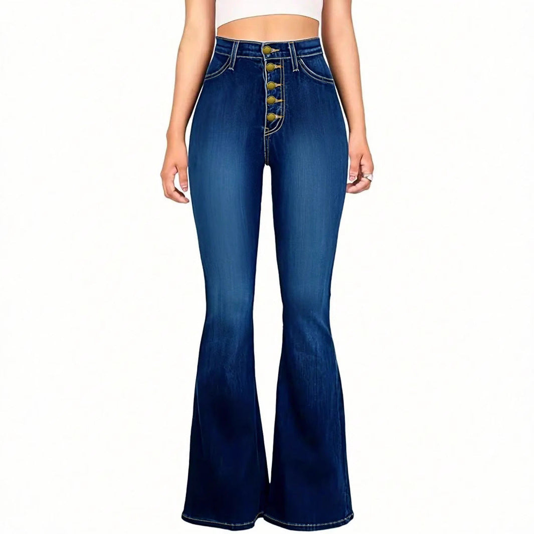 Women's high-waisted shaping flared jeans with visible button placket Fashion Glam