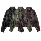 Women's Cropped Faux Leather Blouson with Drawstring, Patch Flap Pockets and High Stand Collar Fashion Glam