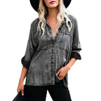 Women's Oversized Denim Blouse with Quilted Yoke, Button Placket and Patch Chest Pockets Fashion Glam