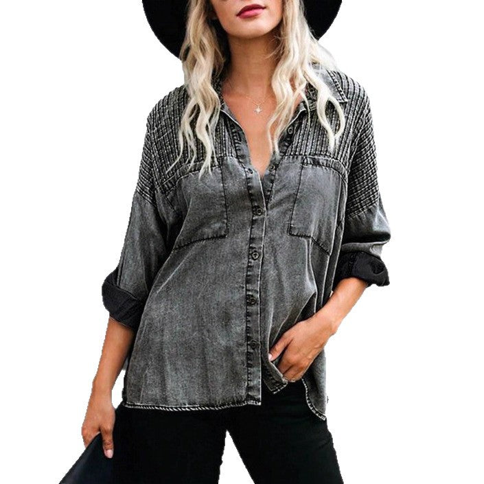 Women's Oversized Denim Blouse with Quilted Yoke, Button Placket and Patch Chest Pockets Fashion Glam