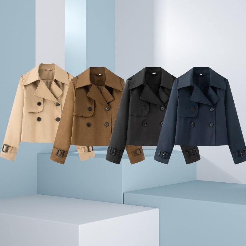 Women Cropped Double-breasted Trench Coat with Wide Lapels and Adjustable Cuffs Fashion Glam