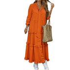 Women's Long Tiered Ruffle Maxi Dress with Tied Scarf and V-Neck Fashion Glam