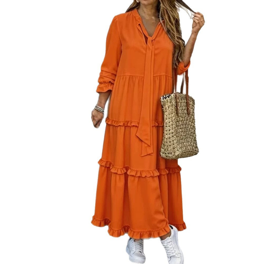 Women's Long Tiered Ruffle Maxi Dress with Tied Scarf and V-Neck Fashion Glam