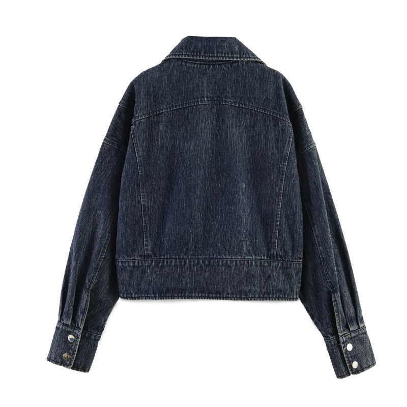Women oversized cropped jeans jacket with wide collar Fashion Glam