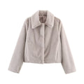 Women's Boxy Faux Fur Short Jacket with Classic Shirt Collar and Velvety Lining Fashion Glam