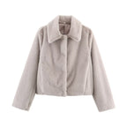 Women's Boxy Faux Fur Short Jacket with Classic Shirt Collar and Velvety Lining Fashion Glam