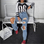 Womens High-Waisted Destroyed Baggy Jeans with Wide Leg and Knee Rips Fashion Glam