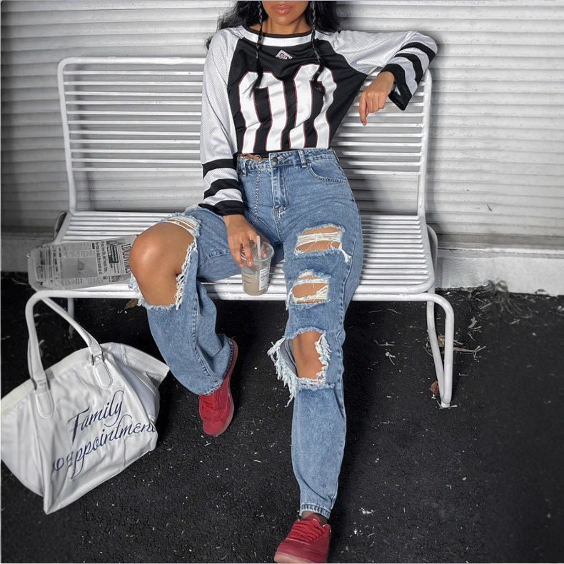 Womens High-Waisted Destroyed Baggy Jeans with Wide Leg and Knee Rips Fashion Glam