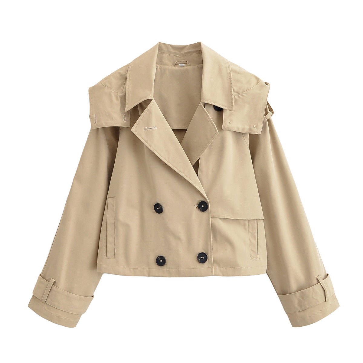 Women short jacket in trench coat style with double-breasted button placket and adjustable cuffs Fashion Glam