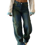 Women's High-Waist Wide Cargo Denim Pants with Seam Panels and Baggy Silhouette Fashion Glam