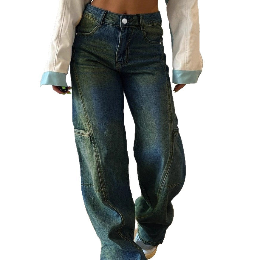 Women's High-Waist Wide Cargo Denim Pants with Seam Panels and Baggy Silhouette Fashion Glam