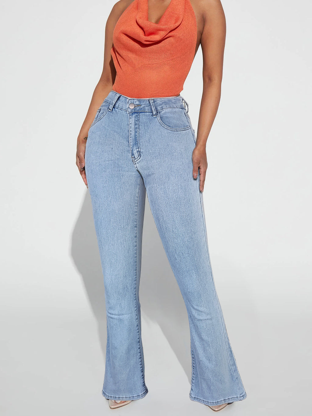 Ladies high-waisted tapered flared jeans with waist-shaping waistband Fashion Glam