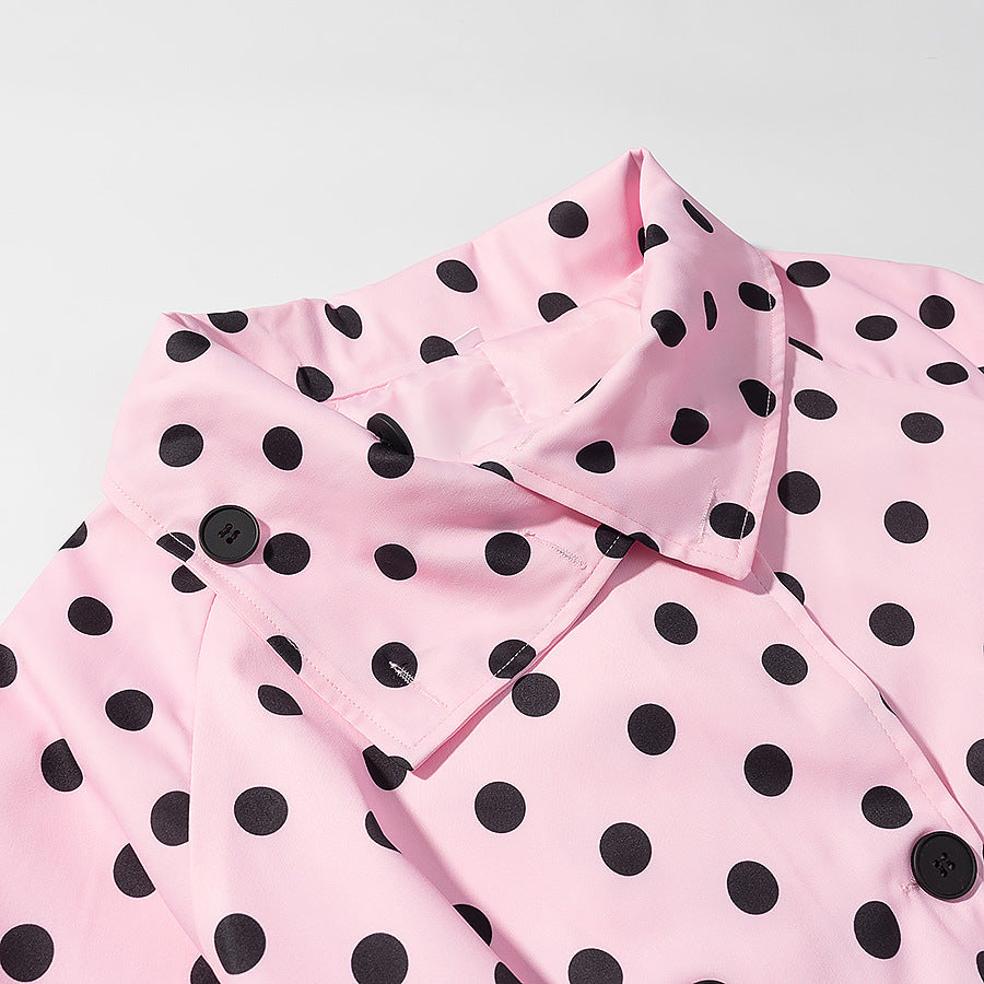 Women Tailored Polka Dot Trench Coat with Tie Belt Fashion Glam