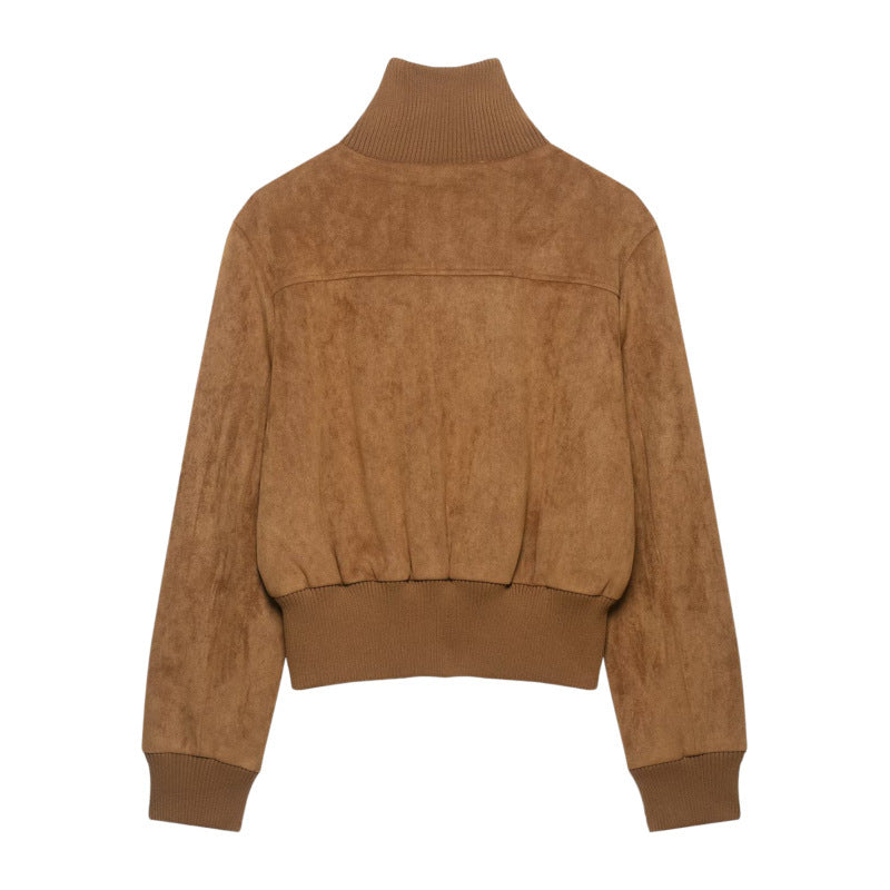 Women's Short Suede Look Bomber Jacket with Stand Collar, Flap Pockets and Ribbed Cuffs Fashion Glam