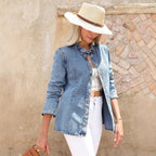 Women's Casual Long Denim Shirt Jacket with Stand Collar and Metal Button Placket Fashion Glam