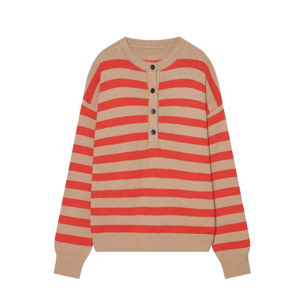 Women's Striped Knitted Sweater with Henley Button Placket Fashion Glam
