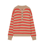 Women's Striped Knitted Sweater with Henley Button Placket Fashion Glam