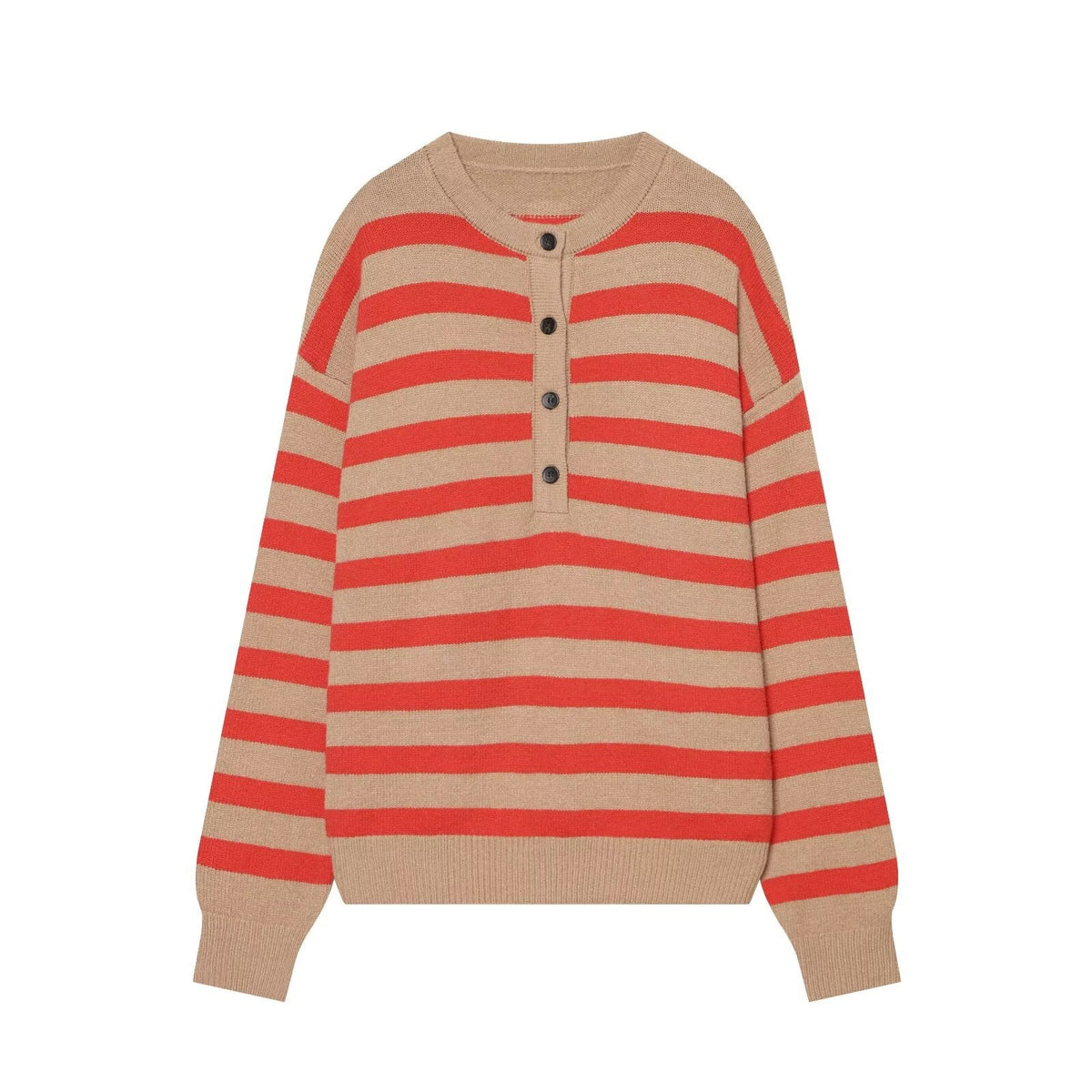 Women's Striped Knitted Sweater with Henley Button Placket Fashion Glam