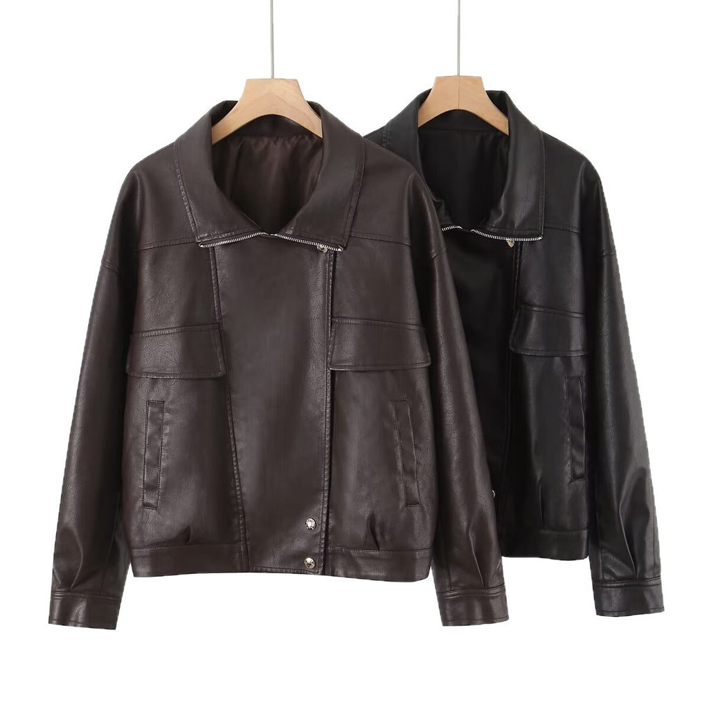 Women Oversized Faux Leather Bomber Jacket with Flap Pockets and Asymmetrical Zipper Fashion Glam