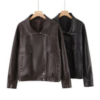 Women Oversized Faux Leather Bomber Jacket with Flap Pockets and Asymmetrical Zipper Fashion Glam