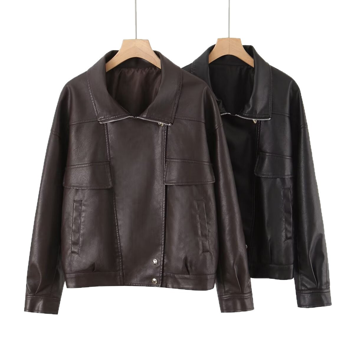 Women Oversized Faux Leather Bomber Jacket with Flap Pockets and Asymmetrical Zipper Fashion Glam