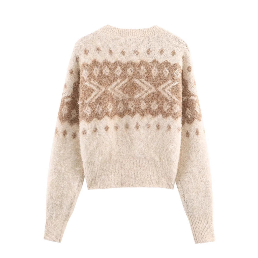 Women's Fluffy Knitted Sweater with Norwegian Pattern and Boxy Fit Fashion Glam