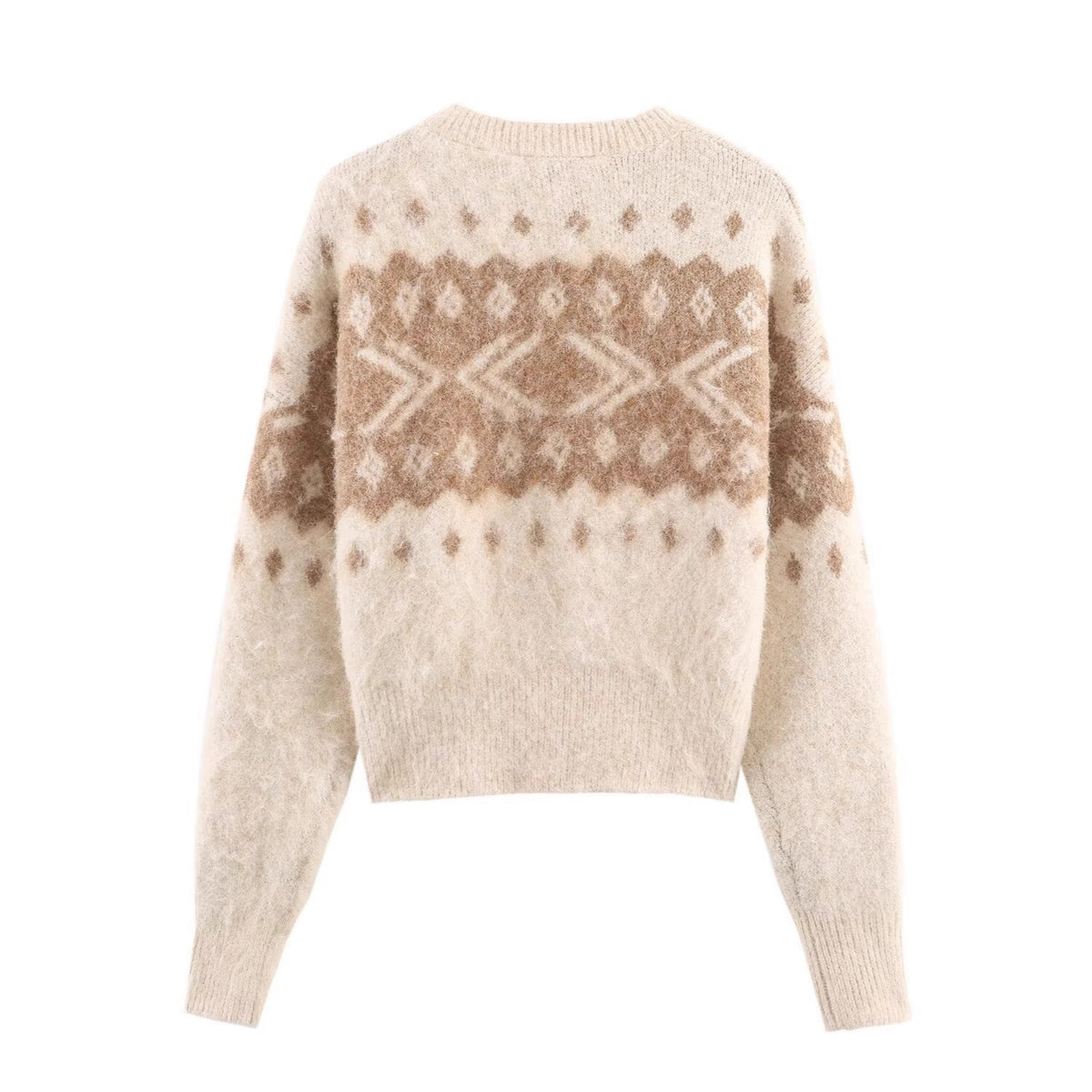 Women's Fluffy Knitted Sweater with Norwegian Pattern and Boxy Fit Fashion Glam