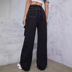 Women’s utilitarian denim cargo pants with contrast stitching and drawstring Fashion Glam