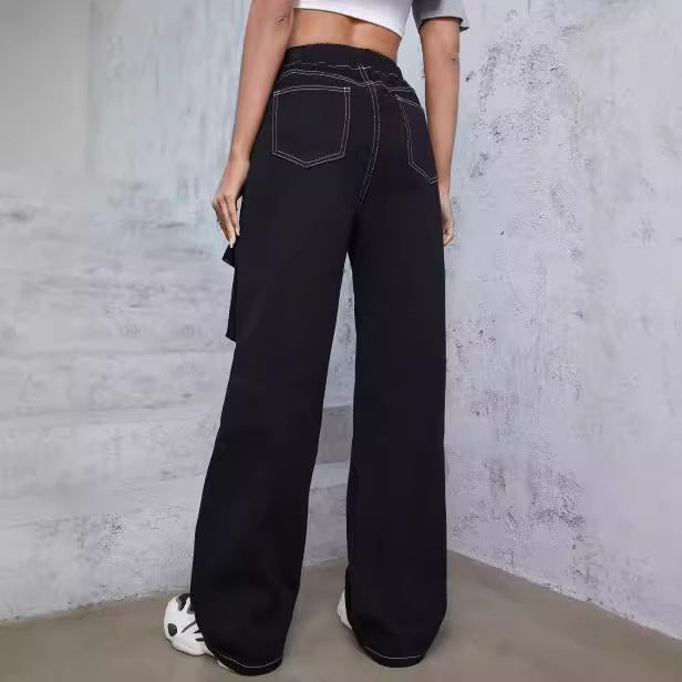 Women’s utilitarian denim cargo pants with contrast stitching and drawstring Fashion Glam