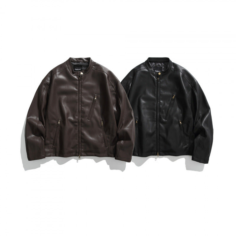 Men's short jacket made of vegan leather with a stand-up collar, three zip pockets, and two-way zipper Fashion Glam