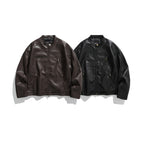 Men's short jacket made of vegan leather with a stand-up collar, three zip pockets, and two-way zipper Fashion Glam