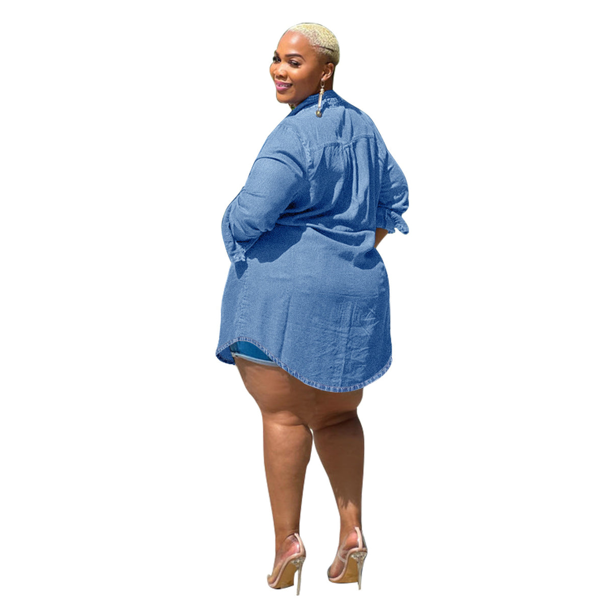 Ladies Oversized Denim Shirt Blouse in Longline Cut with Rolled Sleeves and Breast Pockets Fashion Glam