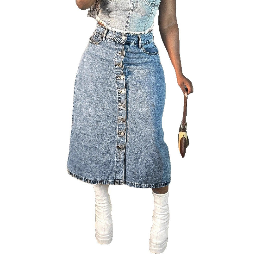 Ladies mid-length denim skirt with continuous button placket and high-waisted A-line cut Fashion Glam