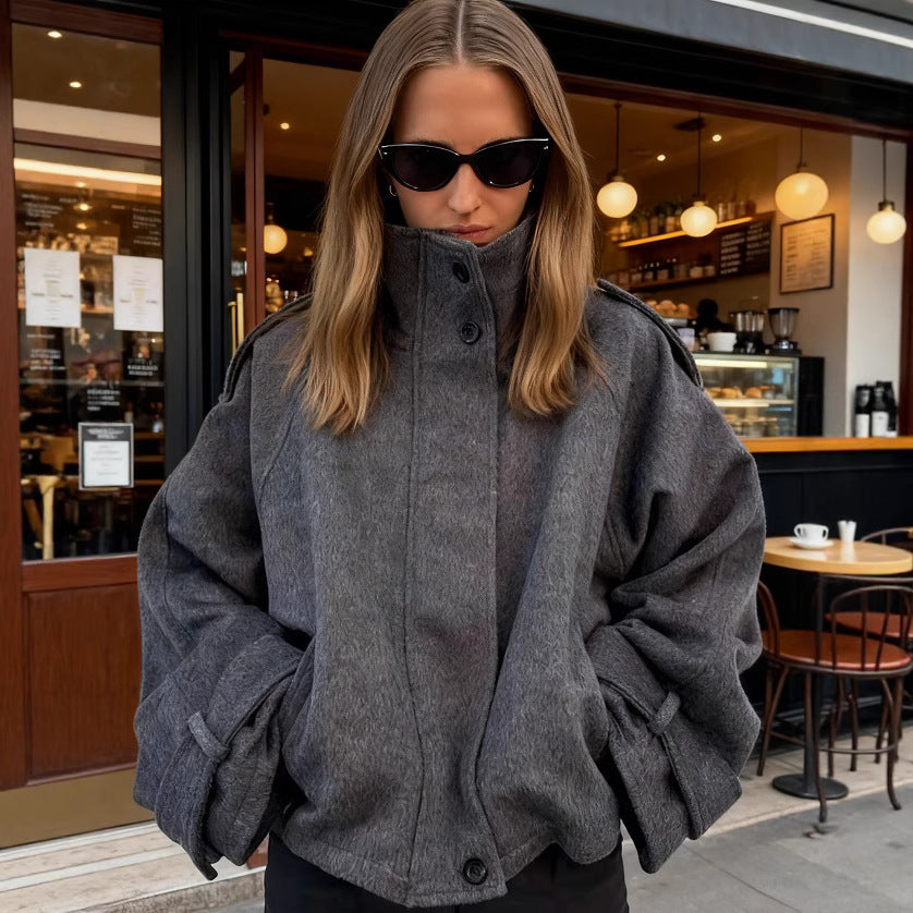 Women Short Wool Blend Jacket with Stand-Up Collar, Shoulder Flaps and Adjustable Cuffs Fashion Glam