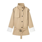 Ladies short trench coat in modern bonded look with high stand-up collar, shoulder tabs and contrast cuffs Fashion Glam