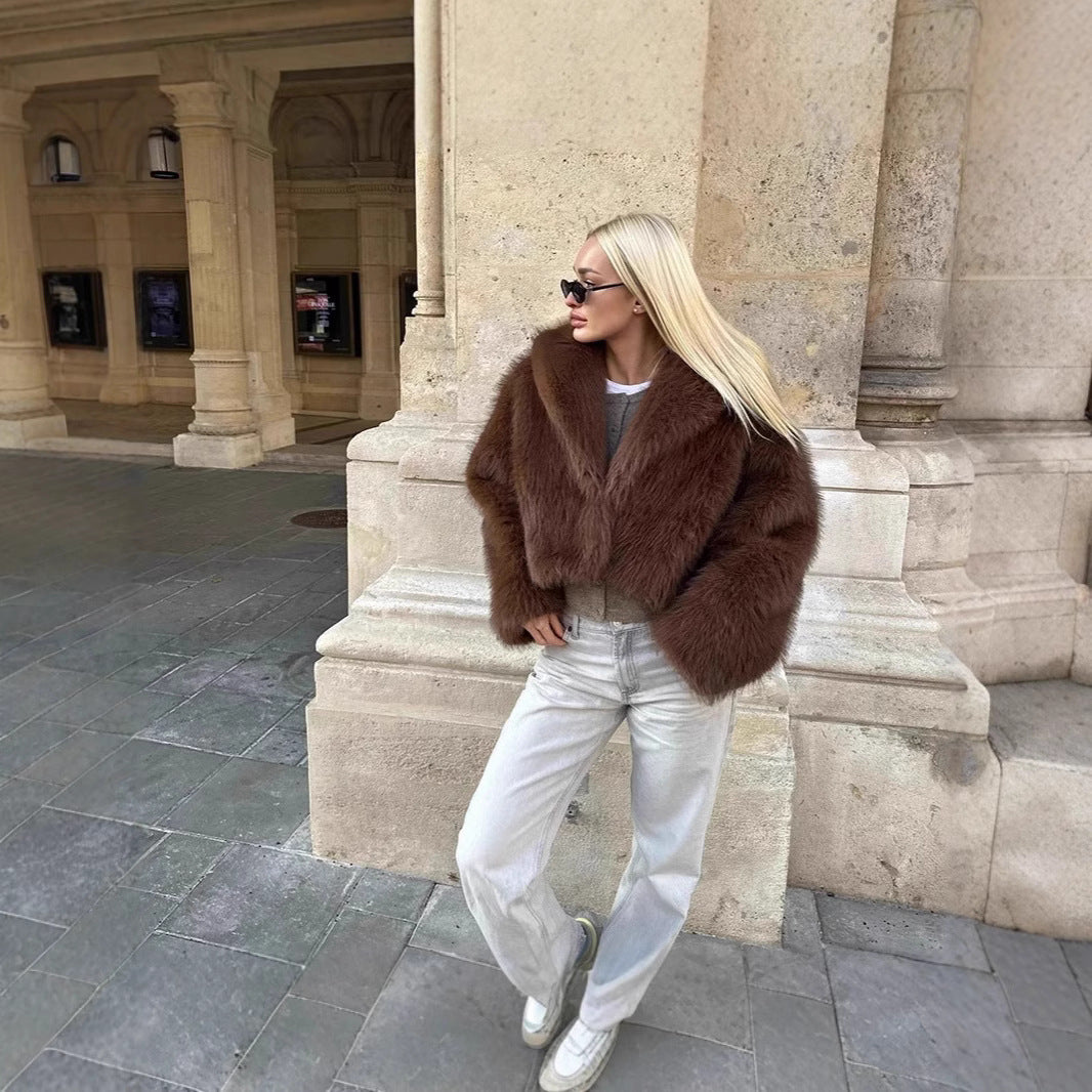 Ladies Short Cropped Faux Fur Jacket with Voluminous Shawl Collar Fashion Glam