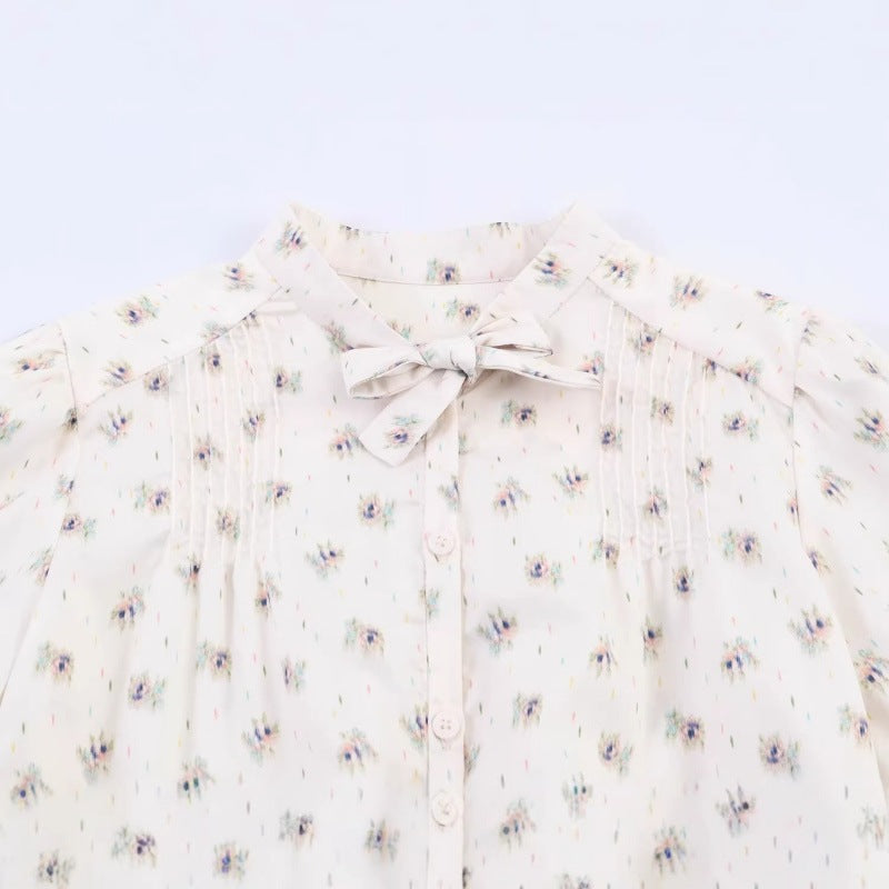 Women's Lightweight Viscose Blouse with Stand Collar, Ribbon Tie and Chest Pleats Fashion Glam