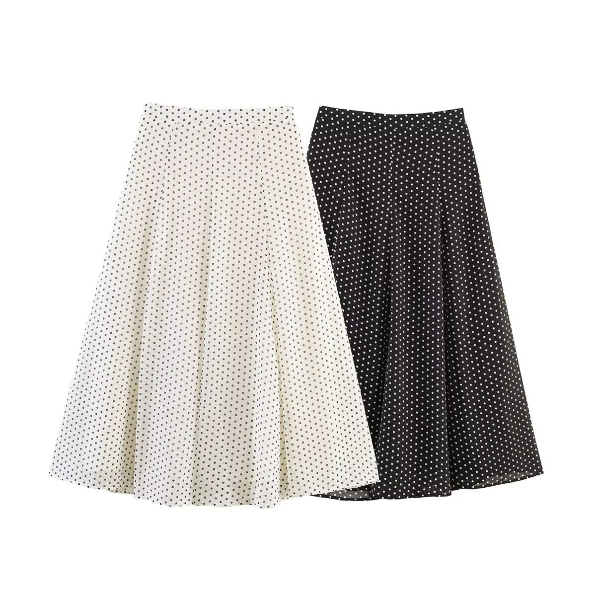 Ladies Flowing Midi Skirt in Vintage Polka Dot Design with Flared Plate Cut Fashion Glam