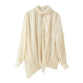 Women Transparent Pleated Chiffon Blouse with Neck Scarf Bow and Asymmetric Hem Fashion Glam
