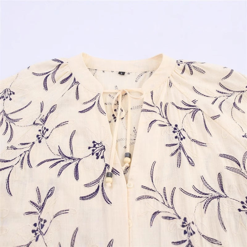 Women's Lightweight Embroidered Blouse Top with Balloon Sleeves and Tie Slit Fashion Glam